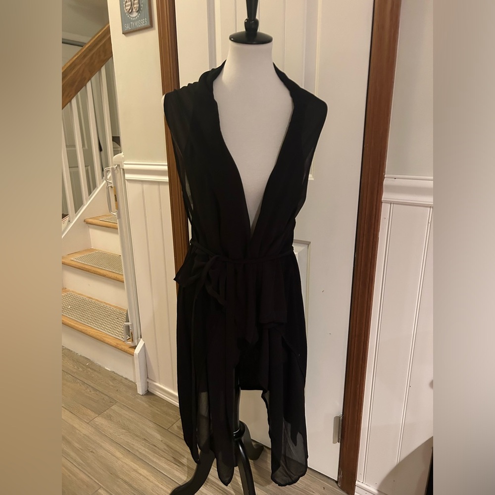 Venus black long vest with waist tie.